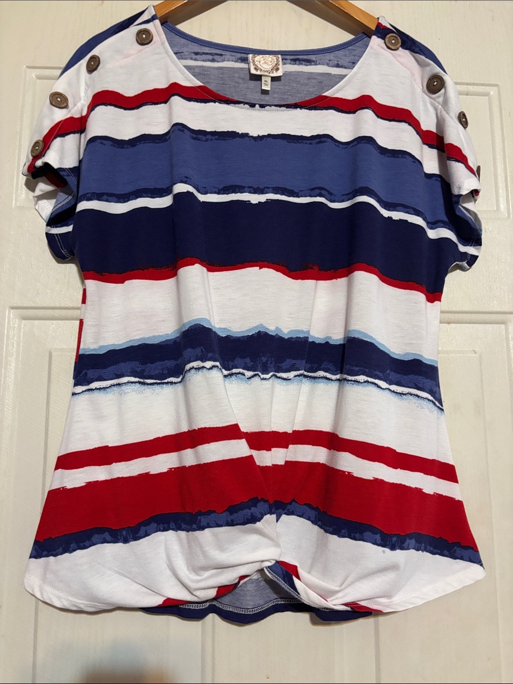 Button-Shoulder Striped Short-Sleeve Blouse — Red, Blue & White
